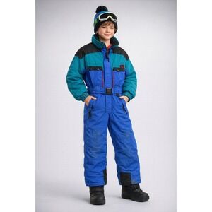 Vintage Inside Edge Ski Suit Youth L Blue Retro Colorblock One Piece Snowboard